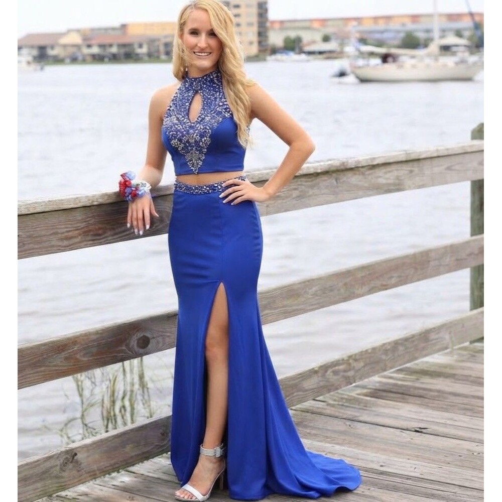 B Darlin royal blue Two Piece Prom Dress Gown Sequins Diamonds Long Size 9/10